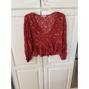 American Eagle Red Floral Peplum Top Long Sleeve V-Neck Boho Blouse Women Medium